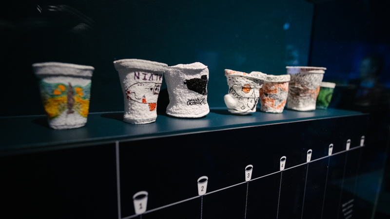 Styrofoam cups lowered to the depths of the sea for science. Drawings on them apparently to relieve boredom and/or scratch an artistic itch.